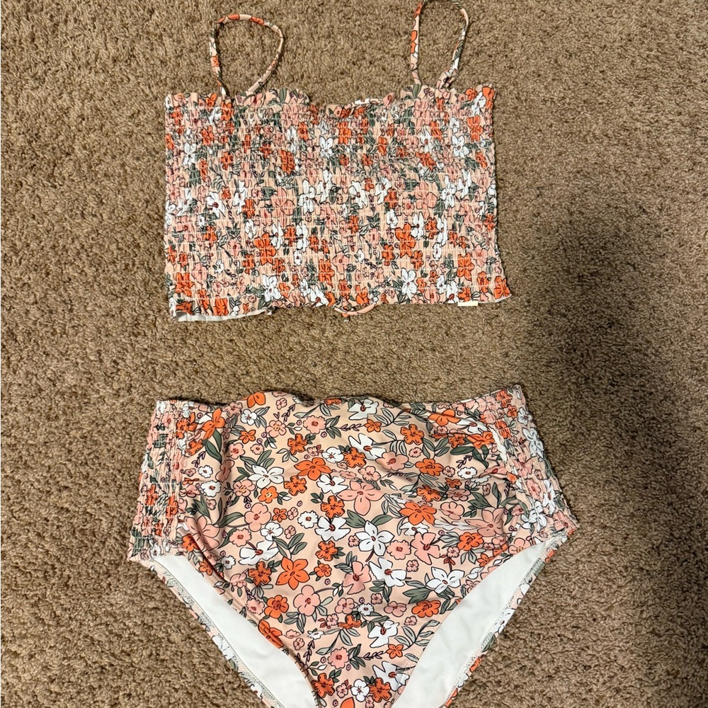 Floral Smocked Maternity Bikini Set in Peach & Orange